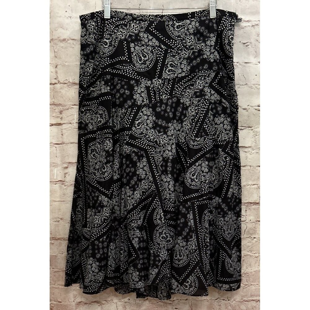 Lauren Ralph Lauren Black Paisley Print Cotton Skirt A-Line Midi Flared Size 14